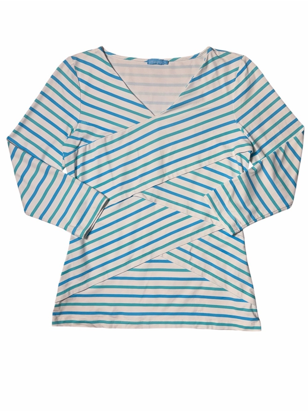 J. McLaughlin White and Aqua Striped Crossover along Sleeve Top Womens XS